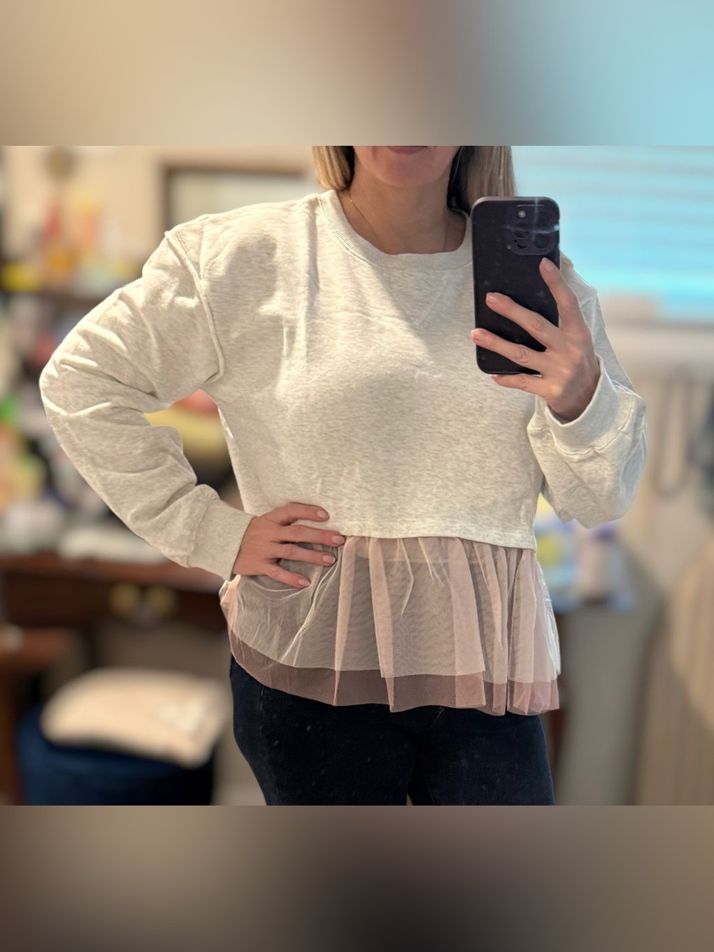 Hem & Thread Gray Pullover with Blush Tulle Tiered Hem - Picture 2 of 15